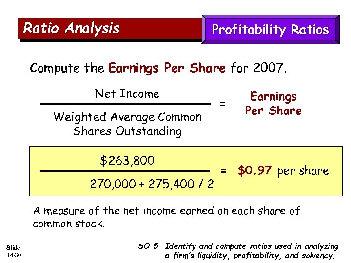 Ratio Analysis Profitability Ratios Compute the Earnings Per Share for 2007. Net Income Weighted