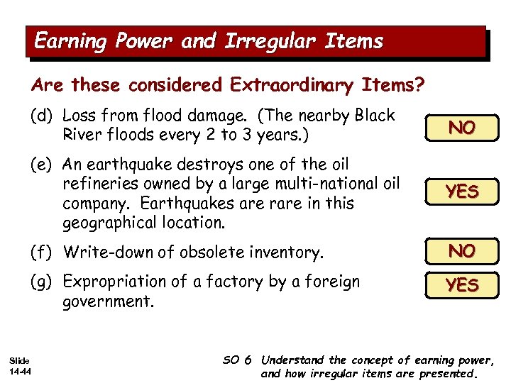 Earning Power and Irregular Items Are these considered Extraordinary Items? (d) Loss from flood