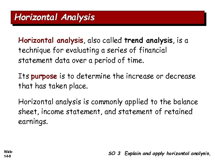 Horizontal Analysis Horizontal analysis, also called trend analysis, is a technique for evaluating a