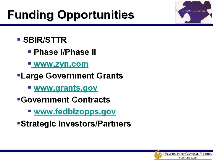 Funding Opportunities § SBIR/STTR § Phase I/Phase II § www. zyn. com §Large Government