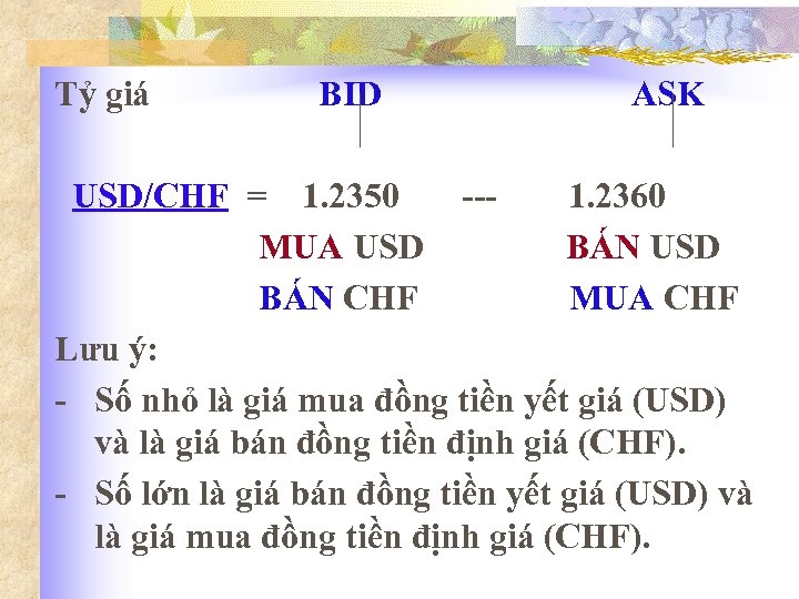 Tỷ giá BID ASK USD/CHF = 1. 2350 --1. 2360 MUA USD BÁN CHF