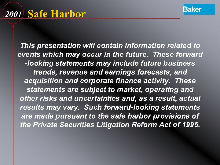 2001 Safe Harbor This presentation will contain information related to events which may occur