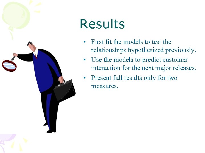 Results • First fit the models to test the relationships hypothesized previously. • Use