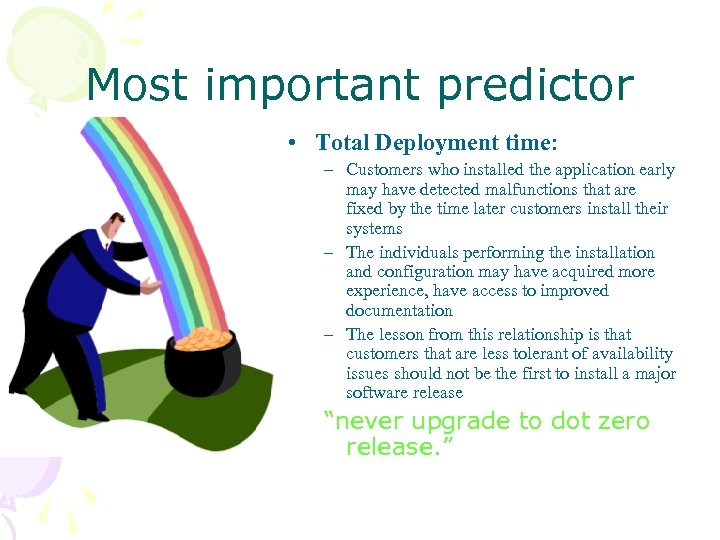 Most important predictor • Total Deployment time: – Customers who installed the application early