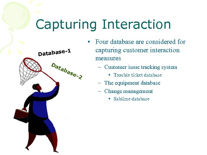 Capturing Interaction • Four database are considered for capturing customer interaction measures -1 atabase