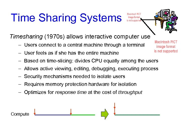 Time Sharing Systems Timesharing (1970 s) allows interactive computer use – Users connect to