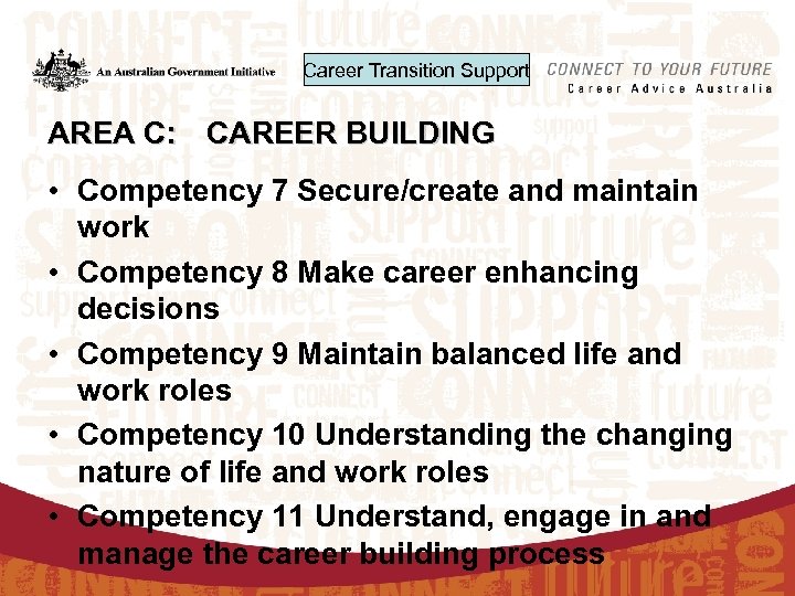 Career Transition Support AREA C: CAREER BUILDING • Competency 7 Secure/create and maintain work
