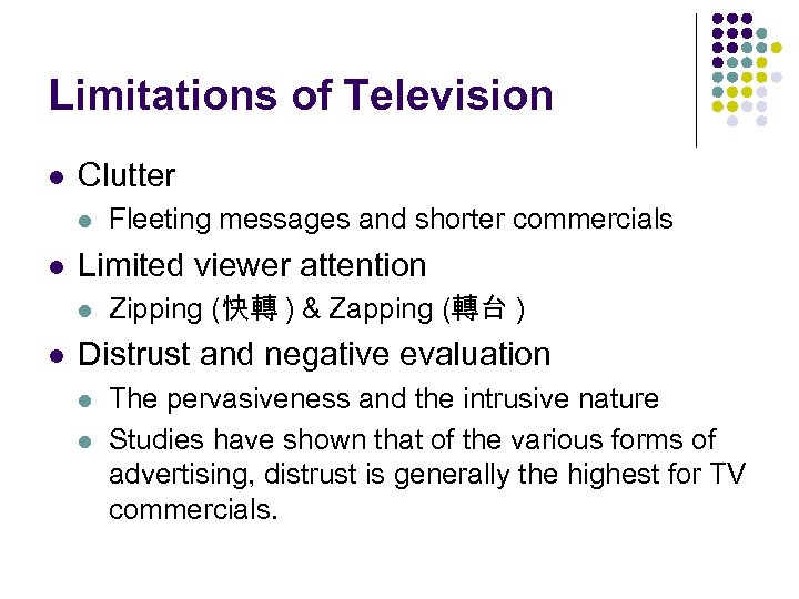 Limitations of Television l Clutter l l Limited viewer attention l l Fleeting messages
