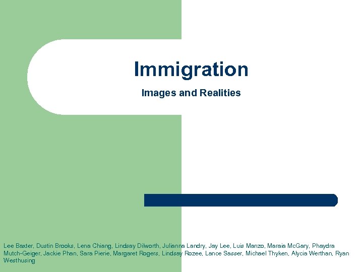 Immigration Images and Realities Lee Baxter, Dustin Brooks, Lena Chiang, Lindsay Dilworth, Julianna Landry,