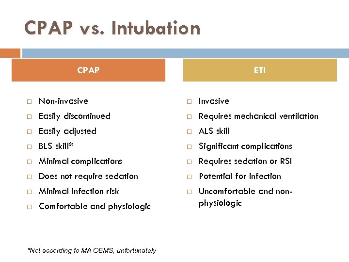 CPAP vs. Intubation CPAP ETI Non-invasive Invasive Easily discontinued Requires mechanical ventilation Easily adjusted