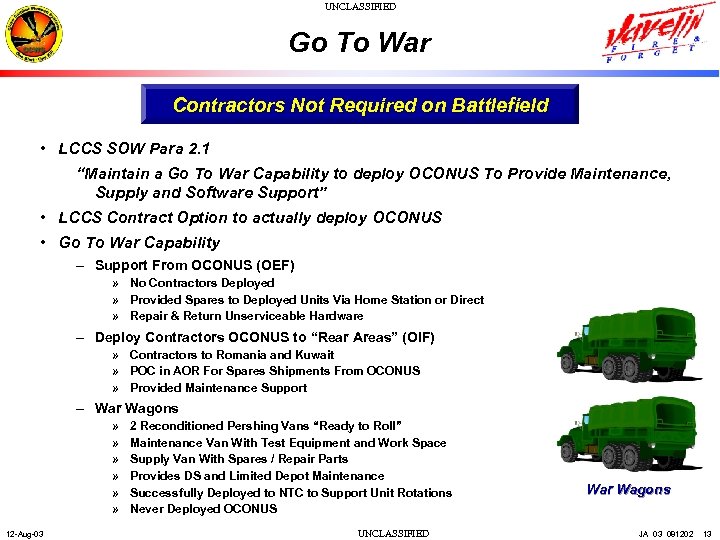 UNCLASSIFIED Go To War Contractors Not Required on Battlefield • LCCS SOW Para 2.