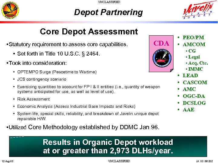 UNCLASSIFIED Depot Partnering Core Depot Assessment • Statutory requirement to assess core capabilities. CDA