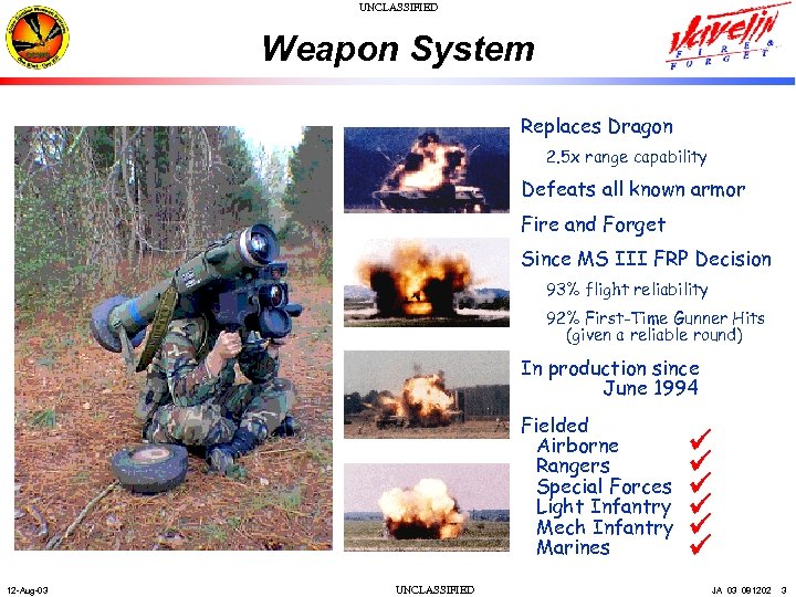 UNCLASSIFIED Weapon System Replaces Dragon 2. 5 x range capability Defeats all known armor