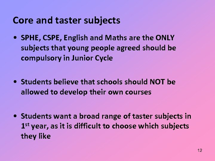 Core and taster subjects • SPHE, CSPE, English and Maths are the ONLY subjects