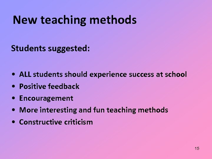 New teaching methods Students suggested: • • • ALL students should experience success at