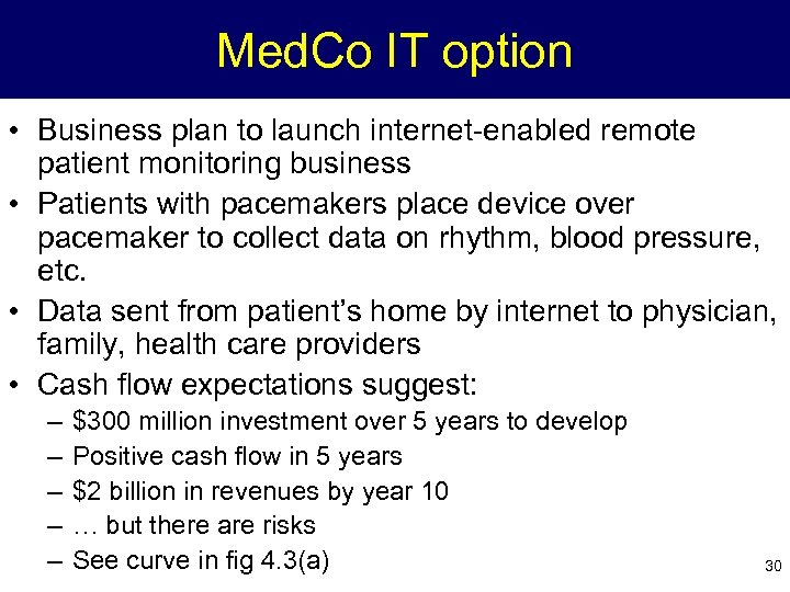 Med. Co IT option • Business plan to launch internet-enabled remote patient monitoring business