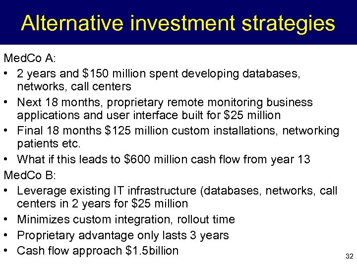 Alternative investment strategies Med. Co A: • 2 years and $150 million spent developing