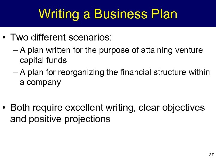 Writing a Business Plan • Two different scenarios: – A plan written for the