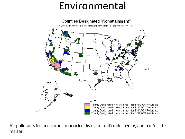 Environmental Air pollutants include carbon monoxide, lead, sulfur dioxide, ozone, and particulate matter. 