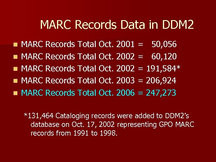 MARC Records Data in DDM 2 n n n MARC Records Total Oct. 2001