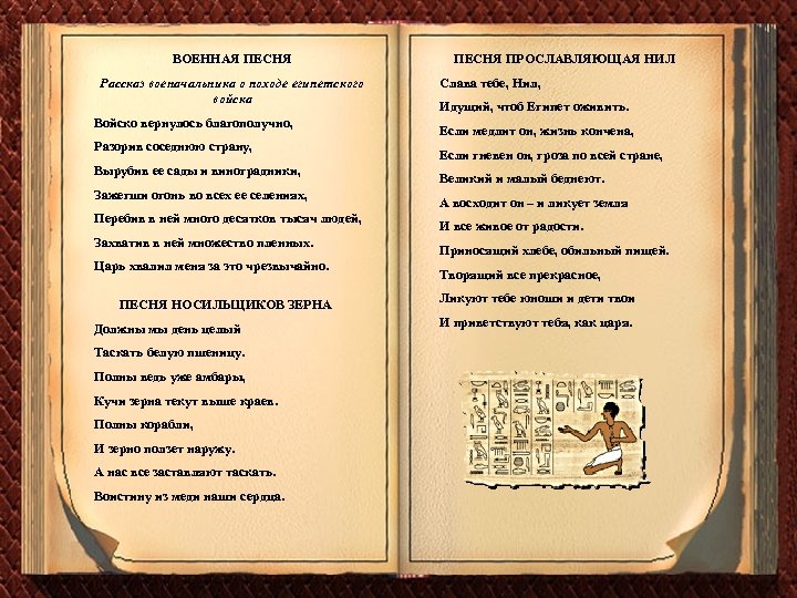 ВОЕННАЯ ПЕСНЯ Рассказ военачальника о походе египетского войска Войско вернулось благополучно, Разорив соседнюю страну,