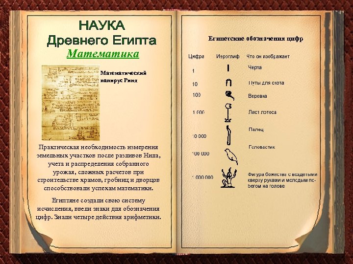 Египетские обозначения цифр Математика Математический папирус Ринд Практическая необходимость измерения земельных участков после разливов