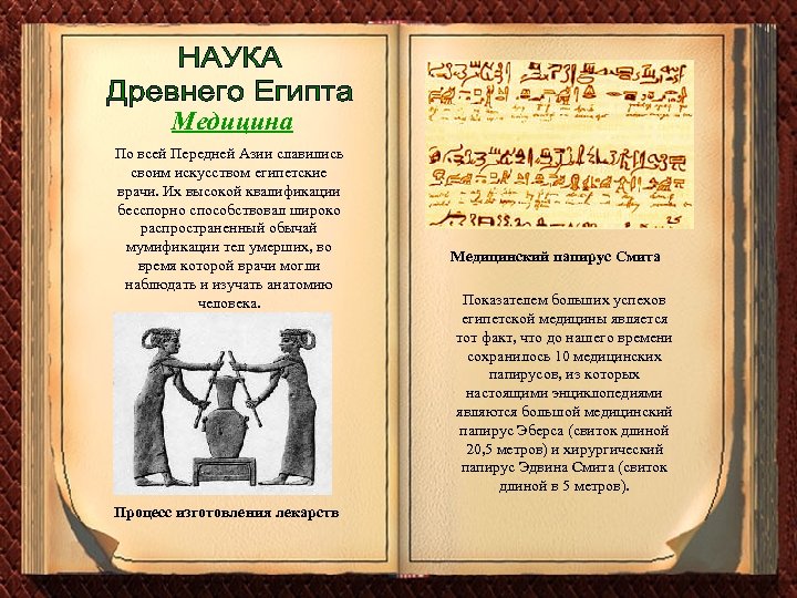 Медицина По всей Передней Азии славились своим искусством египетские врачи. Их высокой квалификации бесспорно