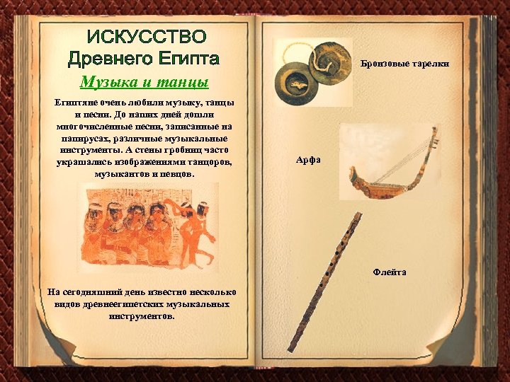 Бронзовые тарелки Музыка и танцы Египтяне очень любили музыку, танцы и песни. До наших