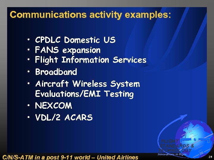 Communications activity examples: • • • CPDLC Domestic US FANS expansion Flight Information Services