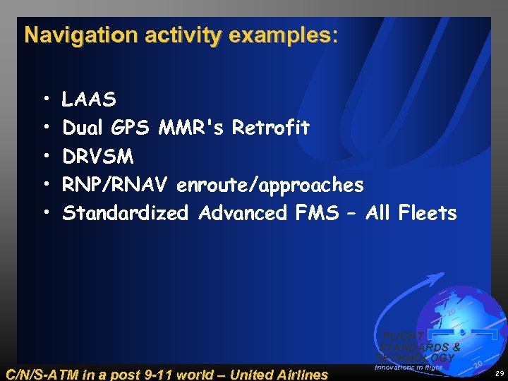 Navigation activity examples: • • • LAAS Dual GPS MMR's Retrofit DRVSM RNP/RNAV enroute/approaches