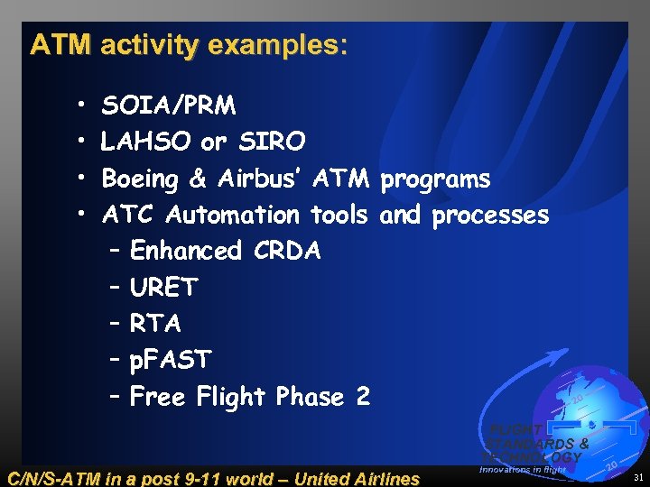 ATM activity examples: • • SOIA/PRM LAHSO or SIRO Boeing & Airbus’ ATM programs