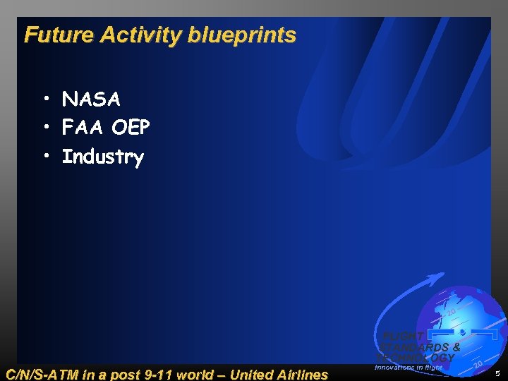 Future Activity blueprints • NASA • FAA OEP • Industry 20 FLIGHT STANDARDS &