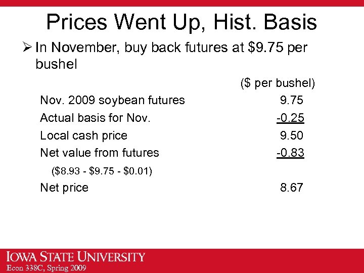 Prices Went Up, Hist. Basis Ø In November, buy back futures at $9. 75