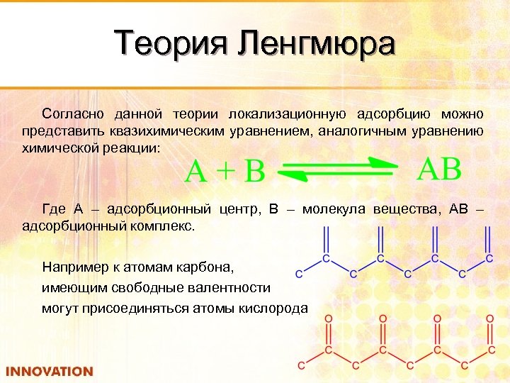 Теория Ленгмюра Согласно данной теории локализационную адсорбцию можно представить квазихимическим уравнением, аналогичным уравнению химической