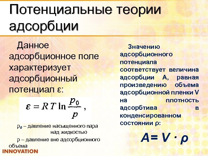 Потенциальные теории адсорбции Данное адсорбционное поле характеризует адсорбционный потенциал ε: р0 – давление насыщенного