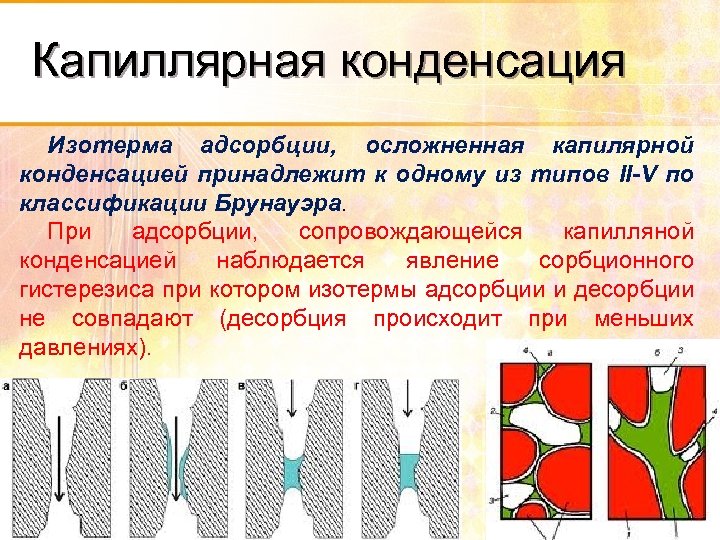Капиллярная конденсация Изотерма адсорбции, осложненная капилярной конденсацией принадлежит к одному из типов II-V по