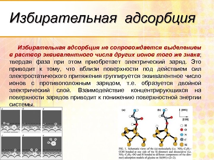Избирательная адсорбция не сопровождается выделением в раствор эквивалентного числа других ионов того же знака;
