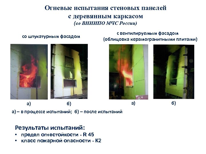 Огневые испытания стеновых панелей с деревянным каркасом (во ВНИИПО МЧС России) со штукатурным фасадом