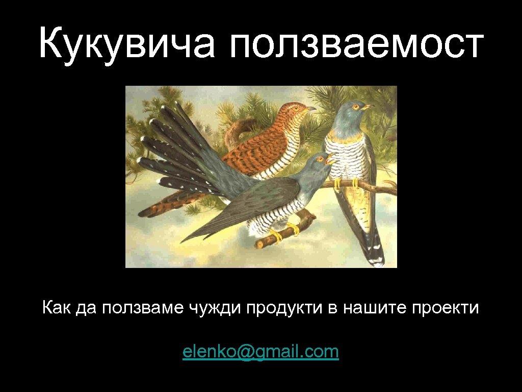 Кукувича ползваемост Как да ползваме чужди продукти в нашите проекти elenko@gmail. com 