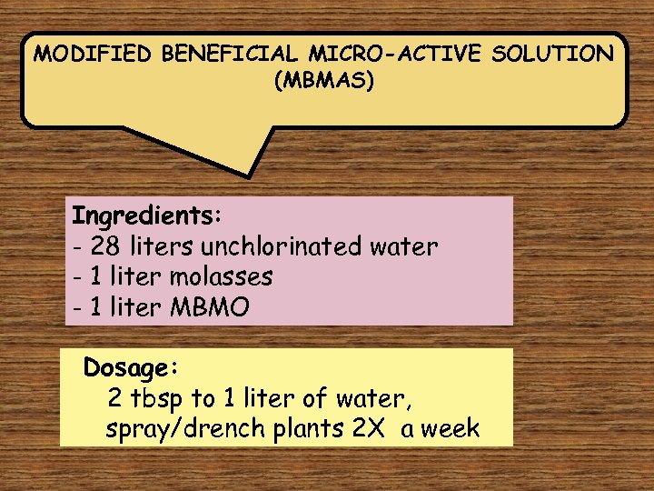 MODIFIED BENEFICIAL MICRO-ACTIVE SOLUTION (MBMAS) Ingredients: - 28 liters unchlorinated water - 1 liter