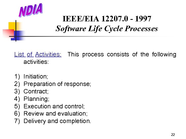 IEEE/EIA 12207. 0 - 1997 Software Life Cycle Processes List of Activities: This process