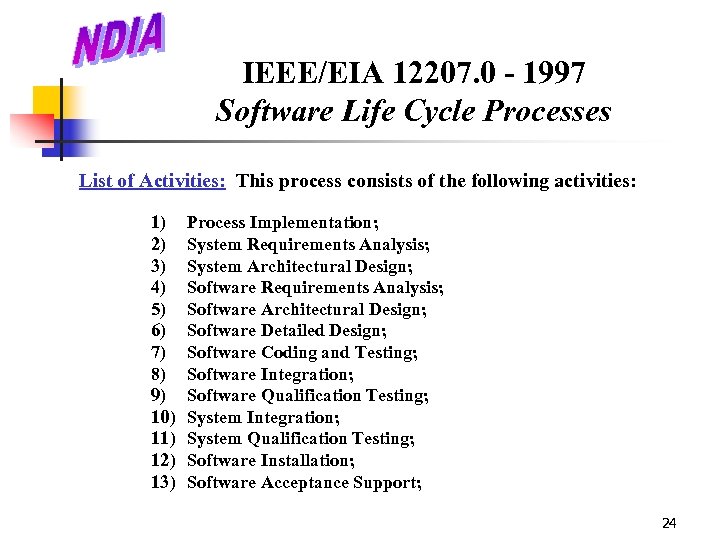 IEEE/EIA 12207. 0 - 1997 Software Life Cycle Processes List of Activities: This process