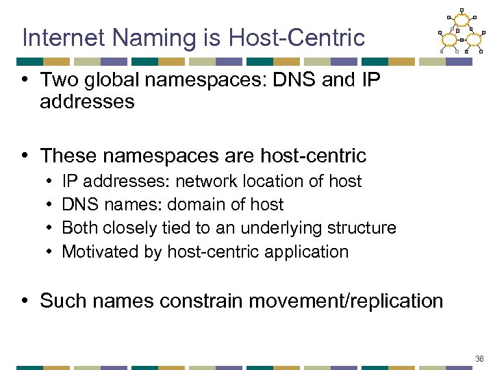 Internet Naming is Host-Centric • Two global namespaces: DNS and IP addresses • These