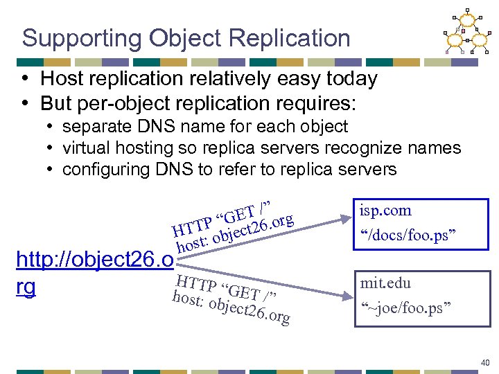 Supporting Object Replication • Host replication relatively easy today • But per-object replication requires: