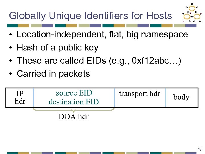 Globally Unique Identifiers for Hosts • • Location-independent, flat, big namespace Hash of a