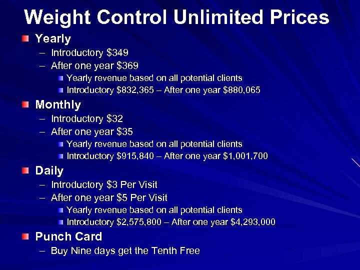 Weight Control Unlimited Prices Yearly – Introductory $349 – After one year $369 Yearly