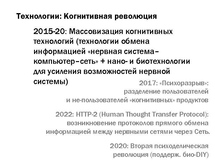 Технологии: Когнитивная революция 2015 -20: Массовизация когнитивных технологий (технологии обмена информацией «нервная система– компьютер–сеть»