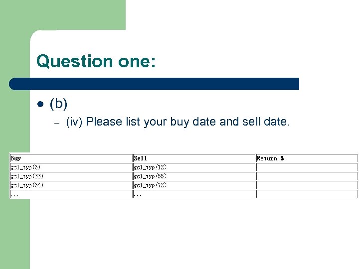 Question one: l (b) – (iv) Please list your buy date and sell date.