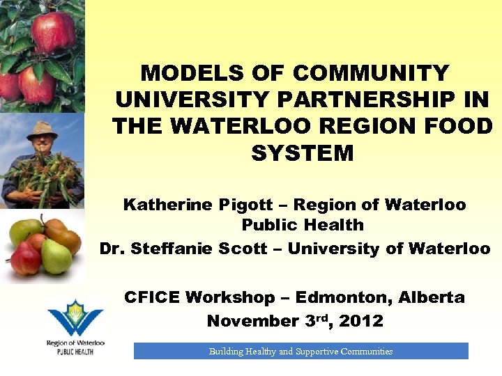 MODELS OF COMMUNITY UNIVERSITY PARTNERSHIP IN THE WATERLOO REGION FOOD SYSTEM Katherine Pigott –