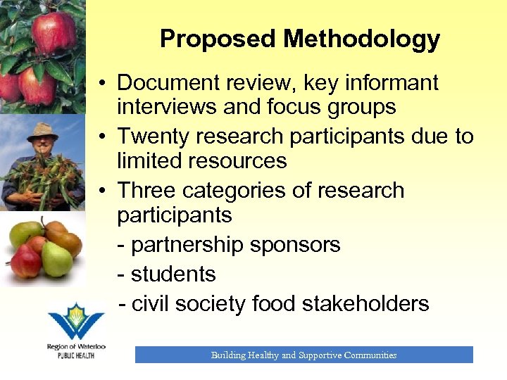 Proposed Methodology • Document review, key informant interviews and focus groups • Twenty research